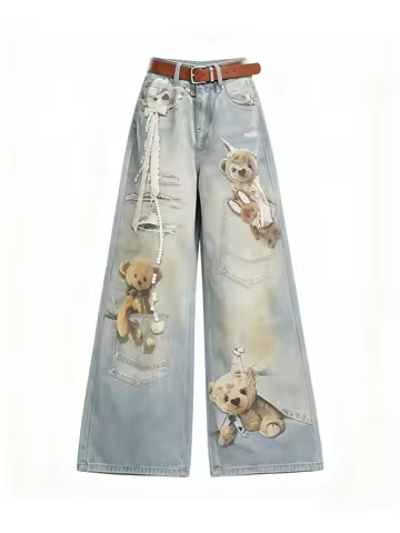 Women Blue Y2k Gyaru Bear Print Jeans American Vintage Denim Pants Hiphop Grunge Baggy Wide Denim Tr