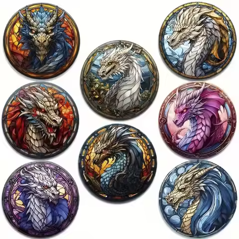 8-Piece Dragon Themed Wooden Coaster Set, Round and Durable Composite Wooden Coaster for Desktop Pro