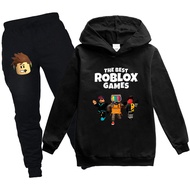 Roblox เสื้อสเวตเตอร์เด็กแบบบางสำหรับฤดูใบไม้ผลิและฤดูใบไม้ร่วงเสื้อมีฮู้ดกางเกงขายาวชุด2ชิ้นแบบใหม่2024