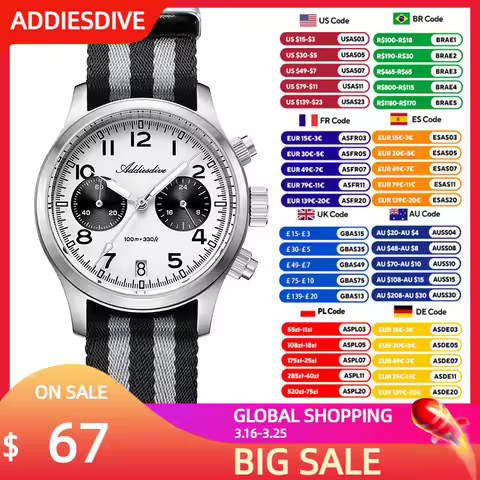 ADDIESDIVE New Men's Watch Luxury Sapphire VK64 Quartz Wristwatch Chronograph 39mm Luminous 100m Wat