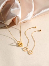 Conjunto De 3 Piezas Pendientes Y Collar Con Dije De Corazón Hueco Simples Y Personalizados Plateados En Oro De Acero Inoxidable 18k - Perfectos Para La Fiesta De Las Mujeres, El Día De Las Madres Y Para Uso Diario.