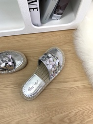 Vintage Fragrant Style Summer Outdoor Slipper Rope Sole Thick Heel Glitter One-Word