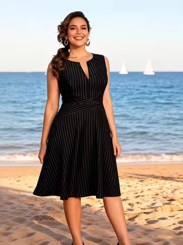 Plus Size Sleeveless Front Zipper Striped Print Womens Elegant Bodycon Casual Party Swing A Line Dre