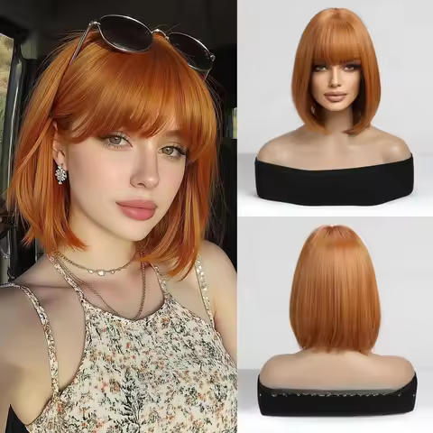 Ginger Wig Lolita Orange Bob Wig for Women 12inch Short Synthetic Wigs Cute Lolita Wigs with Bangs H