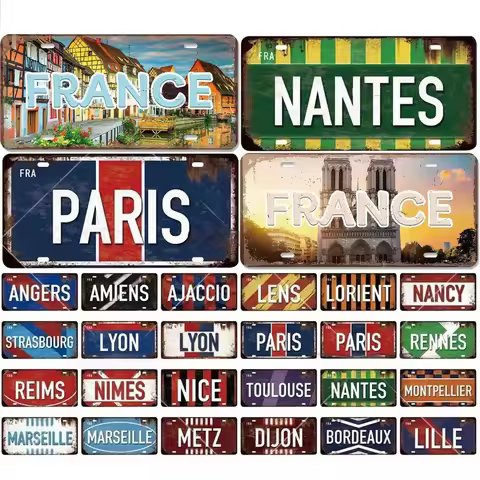Vintage France City License Plate PARIS LYON MARSEILLE Flag Front Vanity Tag Man Cave Garage Club Ba