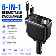 240W Car Charger With 70CM Retractable Dual Type C Cable Fast Charging 6-in-1 Car Phone Charger for 