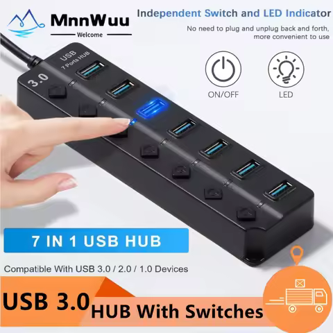 USB Hub 3.0 7-Port USB Hub Splitter With Individual On/Off Switches For MacBook Laptop Surface Pro P