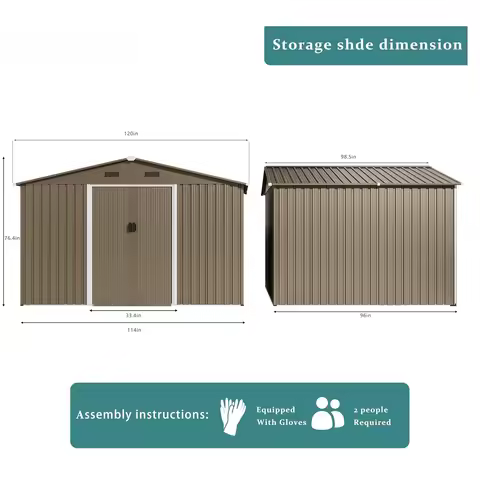 10FT x 8FT Waterproof Metal Tool Shed, Sliding Lockable Door with Ventilation, Outdoor Garden Storag