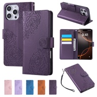 For Samsung Galaxy S22 S23 S24 S25 Plus Ultra FE Edge A73 A56 A55 A54 A53 Purple Rose Flower Leather