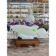 Arowana fish statue, silver dragon fish feng shui fortune white jade stone - 30 cm long