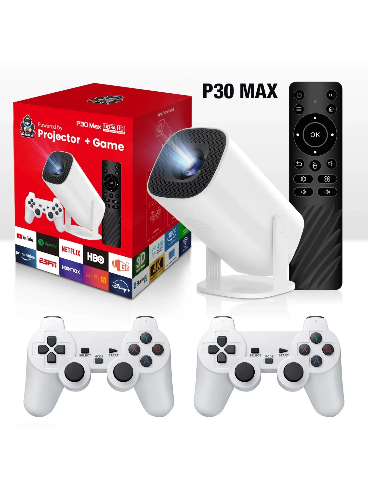 3Dเกมโปรเจคเตอร์P30MAXคอนโซลวิดีโอเกมRetro Wireless Controller 4K ULTRA HD Plug And Play Android11 B