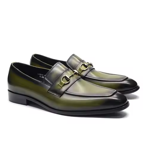 European Classic Mens Wedding Dress Shoes Genuine Leather Horsebit Loafer Shoes Green Casual Busines