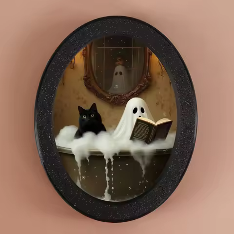 1 Piece Ghost & Black Cat - themed Oval Decoration, Retro Black Frame Shows Bathtub Scene, Creates F