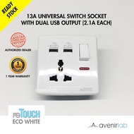 reTouch ECO WHITE Series 13A Universal Socket with Dual 2.1A USB Outlet and Neon Light Wall Socket [
