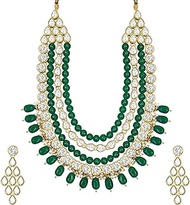 Green Gold Plated Kundan Long Necklace Earring Indian Traditional Jewellery Set for Women