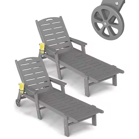 Chaise Lounge Chair Set of 2, HDPE Lounge Chair Outdoor with 5 Positions, Oversized Pool Lounge Chai