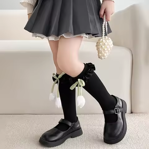 Pretty Girls 3D Tulip Large Bow Breathable Trim Mid Calf Socks Soft Elastic Skin Friendly Comfortabl