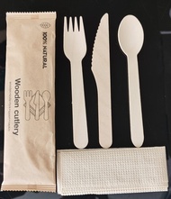 4 in 1 Wooden Cutlery - 16cm Spoon / Fork / Knife / Napkin [ 1set ] Disposable Sudu Garpu Pisau Single Individual Pack