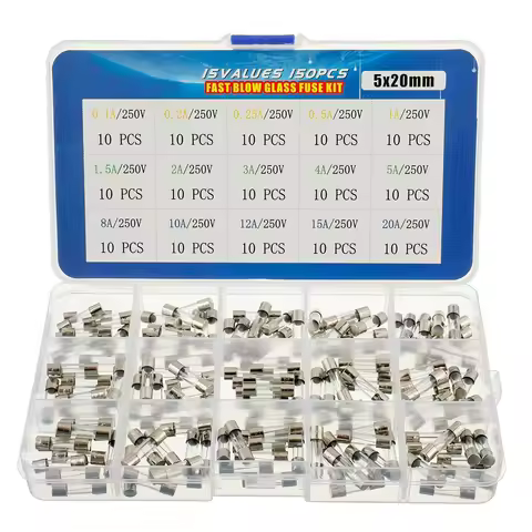 15 Values 150pcs Fast-Blow Glass Fuses Kit 5x20mm 250V 0.1 0.2 0.25 0.5 1 1.5 2 3 4 5 8 10 12 15 20A