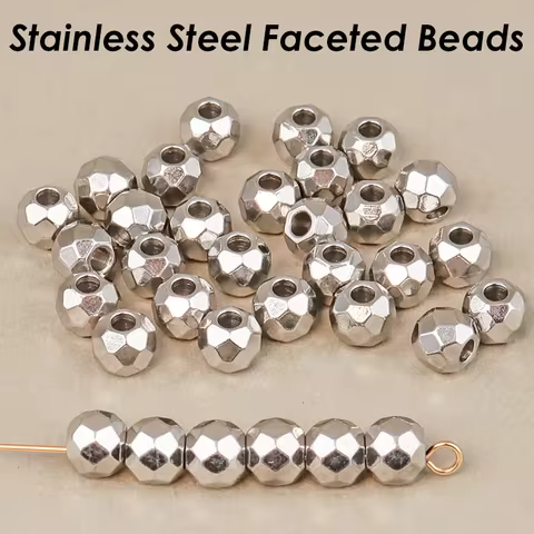 50Pcs Faceted Beads, Stainless Steel Spacer Beads 4mm 5mm 6mm Sparkle Beads, Stainless Steel Beads S
