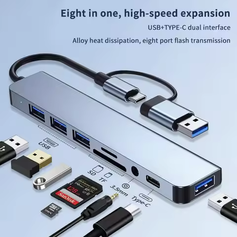 【C】8 In 1 USB Type C Hub Docking Station 3.5mm Audio Jack Adapter Micro TF Card Reader For Laptops T
