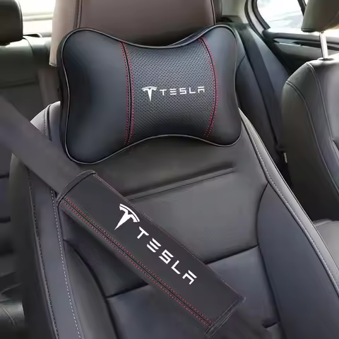 Leather Car Headrest Neck Pillow Seatbelt Shoulder Pad Interior Accessories For Tesla Model 3 Model 