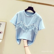 Lace T-shirt Trendy round Neck Fake Two-Piece Stitching Short Sleeve2024Women's Korean-Style New SummerTT-shirt Lace Cotton Beaded