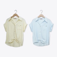 [CUMAR] Hem Crinkle Design V-Neck Shirt Blue Apricot