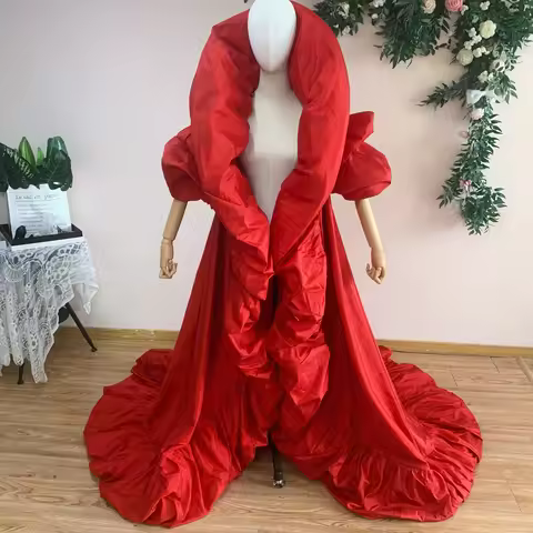 Fashion Stand Neck Long Cape Ruffles Sleeves 2M Length Taffeta Jacket Outfit Bridal Accessories A Li