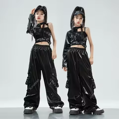 Modern Hip Hop Dance Clothes Girls Kids Jazz Performance Costume Black Leather Sleeves Tops Pants Kp