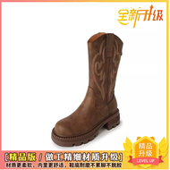 DUSTO Retro ของแท้ หนัง ปัก Western Cowboy Boots ถุงเท้าถึงกลางน่อง Martin Boots สําหรับผู้หญิงสั้นเ