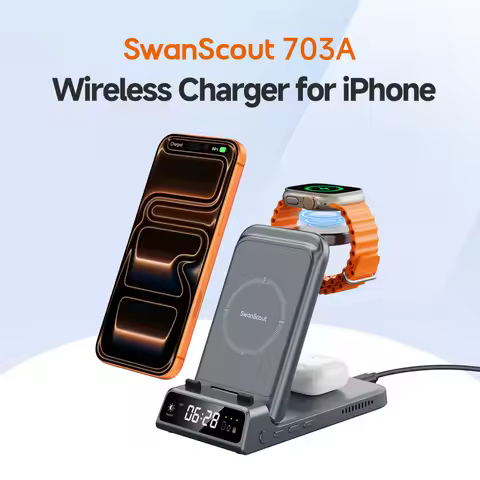 SwanScout 703A Wireless Charger for iPhone 17 16 15 14 Charging Station for Apple Watch 11 10 9 Ultr