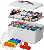 CTIME 2-Layer Medicine Box (Set) - Portable Organiser with Leather Handle, Empty Storage Case for Ho