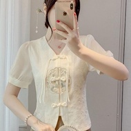 【ks1219.my】 爆款推荐新中式v领刺绣衬衫女夏季新款收腰显瘦短款上衣国风短袖小衫A 【0920KCzL8bLSa】