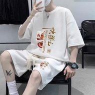 【00118fmhw3i78.my】 国潮中国风华夫格套装男大码胖子高中生运动短袖短裤男生酷帅穿搭National Tide Chinese Style Waffles Suit Men's Larg