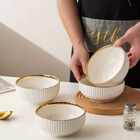 "Luxury Gold-Trimmed Ceramic Dinnerware Set: Premium Hotel-Grade Bowl & Plate Combo for Home Use (Ri