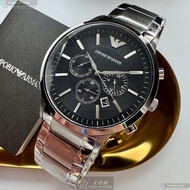 ARMANI手錶,編號AR00075,46mm銀圓形精鋼錶殼,黑色三眼, 中三針顯示, 運動錶面,銀色精鋼錶帶款