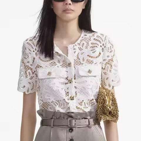 Women 2024 Summer Lace Crochet Hollow Round Neck Perspective White Short Sleeve Top