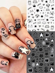 2入組3D小狗黑貓指甲貼紙可愛動物塗鴉線條卡通指甲藝術貼紙Y2K風格可愛指甲藝術裝飾