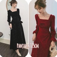 D28/25 Long Dress Velvet Square Neck Long Sleeve Blink / Gaun Panjang