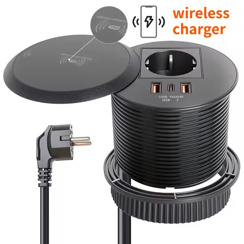 FUNAYAWireless Charging Circular Outlet EU US UK AU with USB A C PD Embedded Hidden Desktop AC110~25