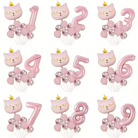10pcs Pink Crown Cat 32 inch Pink Digital Balloon Set, Kitten Pink Theme Birthday Wedding Decoration