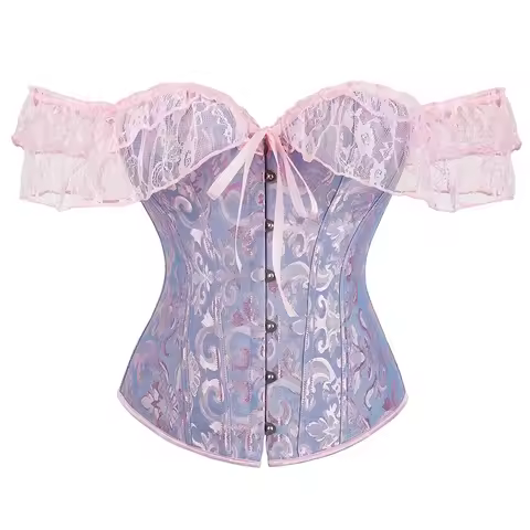Steampunk Overbust Corset Tops for Women Victorian Vintage Lace Sleeves Chest Binder Bustier Plus Si
