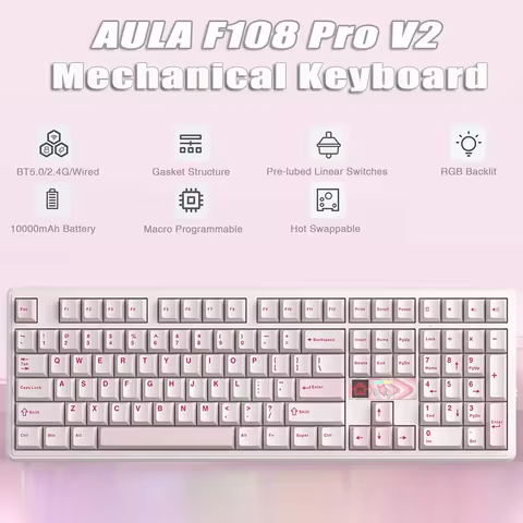 AULA F108 Pro V2 8KHz Polling Rate 10000mAh Tri-Mode Wireless Gaming Keyboard 100% Full Size RGB Hot