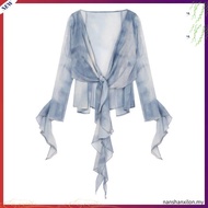 (Fashion_2)  Glamorous Blouse Tie Dye Contrast Mesh Front Frill Blouse for Women L106AD939