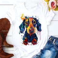 Dachshund t-shirt Summer Cute Cartoon Dachshund Animal Pattern Printed Short-Sleeved T-shirt Female 