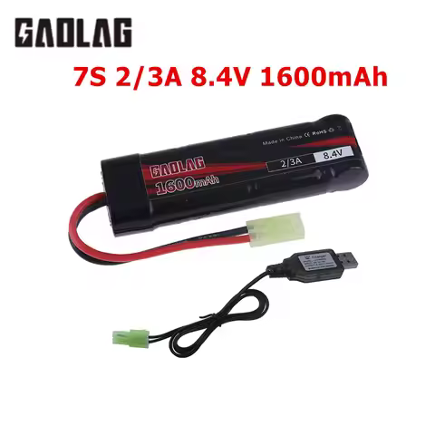 8.4V Airsoft Guns Battery With USB Charger 2/3A 8.4V 1600mAh NiMH Flat Battery Pack for MP5, Scar, M