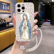 1 ชิ้น เคสโทรศัพท์ TPU สีขาว ลายดอกไม้สีน้ำเงินพระแม่มารี อธิษฐาน ลายสีน้ำ กันกระแทก และ 1 ชิ้น สายค