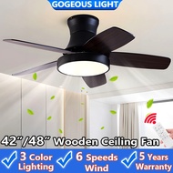 5 Years Warranty Wooden Ceiling Fan With Light 42/48 Inch Strong Winds 6 Speeds Ceiling Fan Light Kipas Siling 吊扇灯