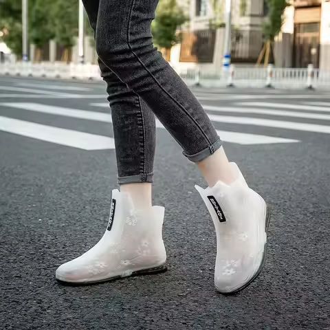 Women's Short Crystal Jelly Rain Boots Fashionable Waterproof Slip-On Shoes Transparent PVC Material